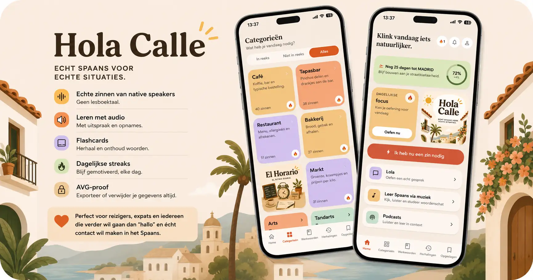 Schermen van de Hola Calle-app met Spaanse zinnen voor op reis